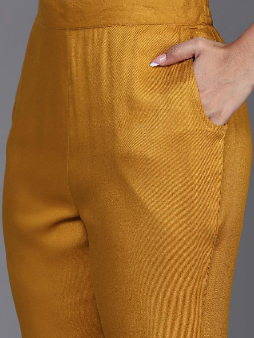 Mustard Yoke Design Wool Blend Straight Kurta With Trousers - Libas 