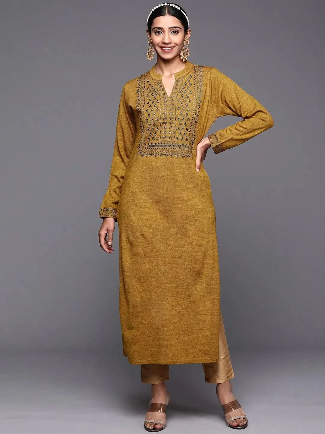 Mustard Yoke Design Wool Straight Kurta - Libas 