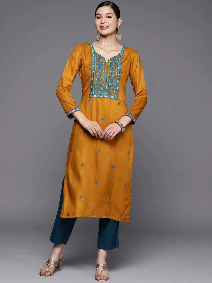 Mustard Yoke Design Wool Straight Kurta - Libas