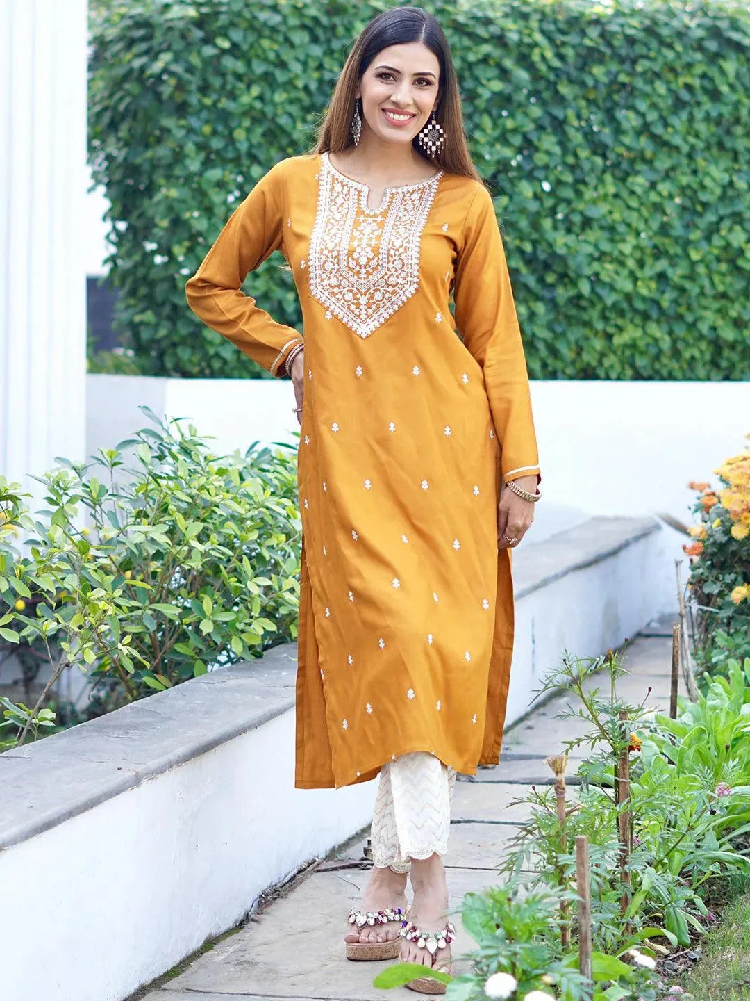 Mustard Yoke Design Wool Straight Kurta - Libas