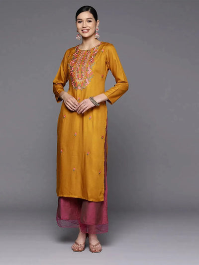 Mustard Yoke Design Wool Straight Kurta - Libas