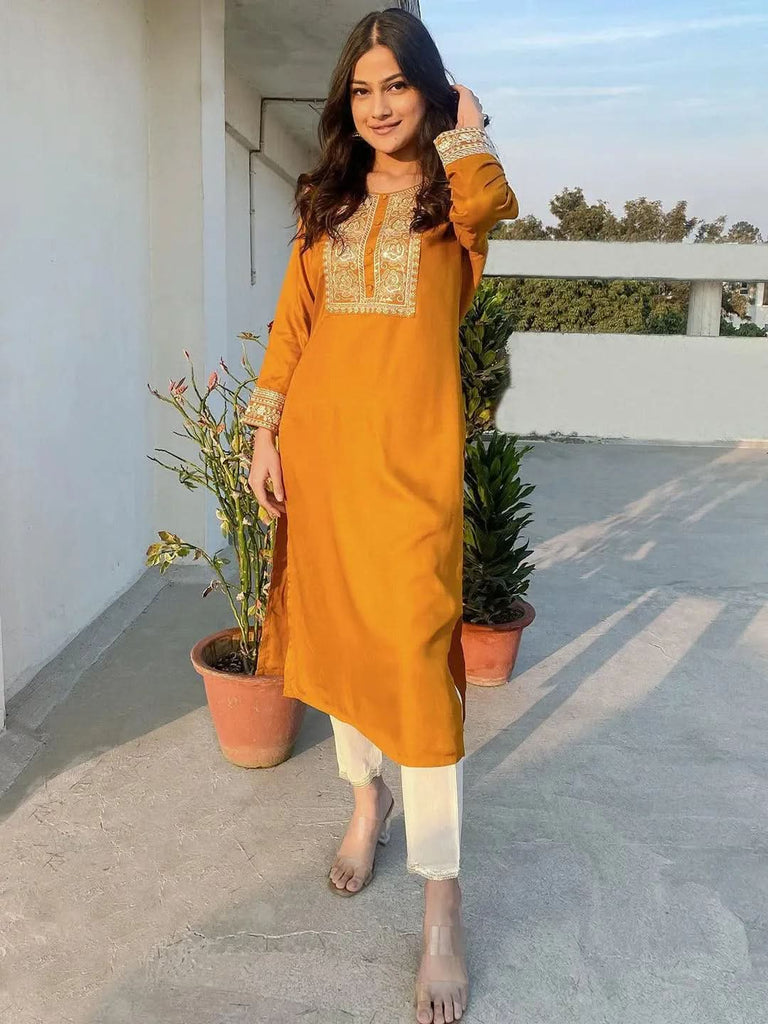 Libas Mustard Yoke Design Wool Straight Kurta