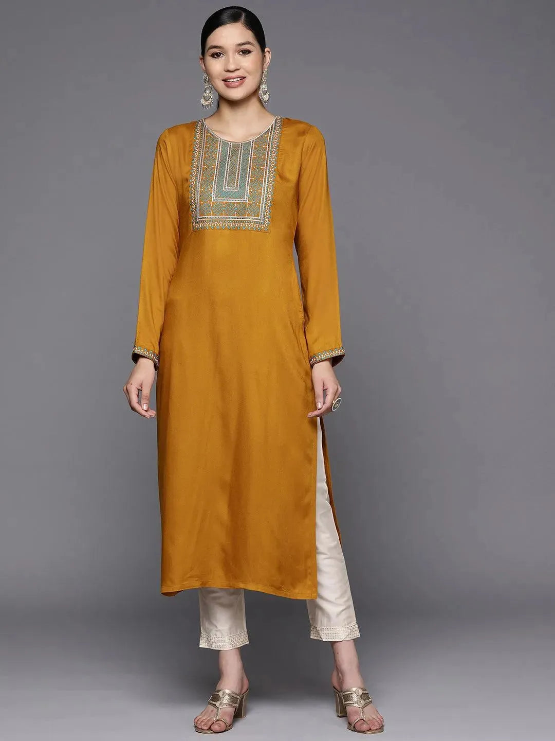 Mustard Yoke Design Wool Straight Kurta - Libas