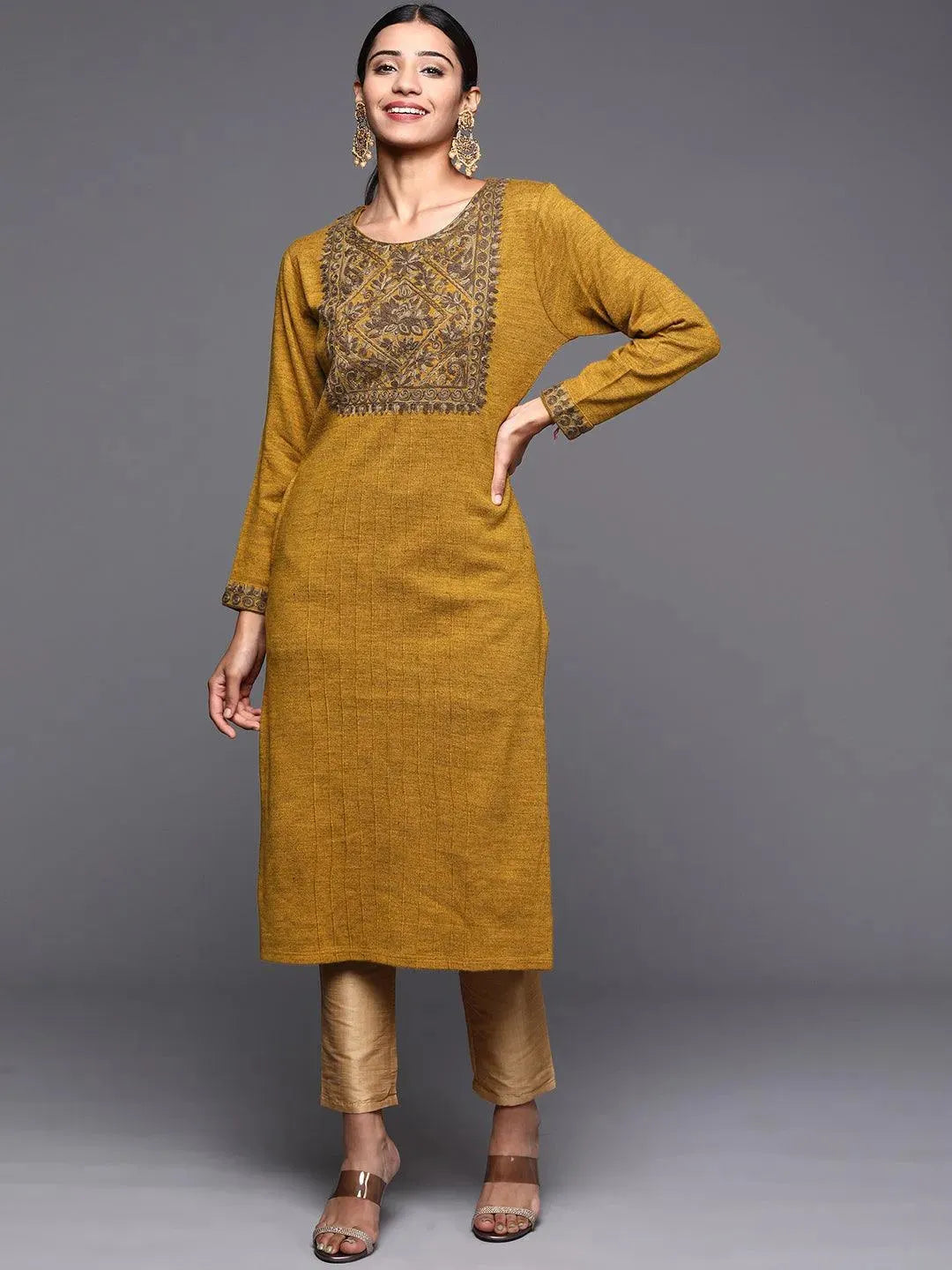Mustard Yoke Design Wool Straight Kurta - Libas 