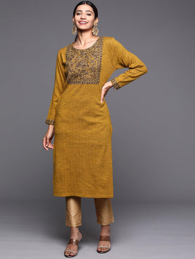 Mustard Yoke Design Wool Straight Kurta - Libas