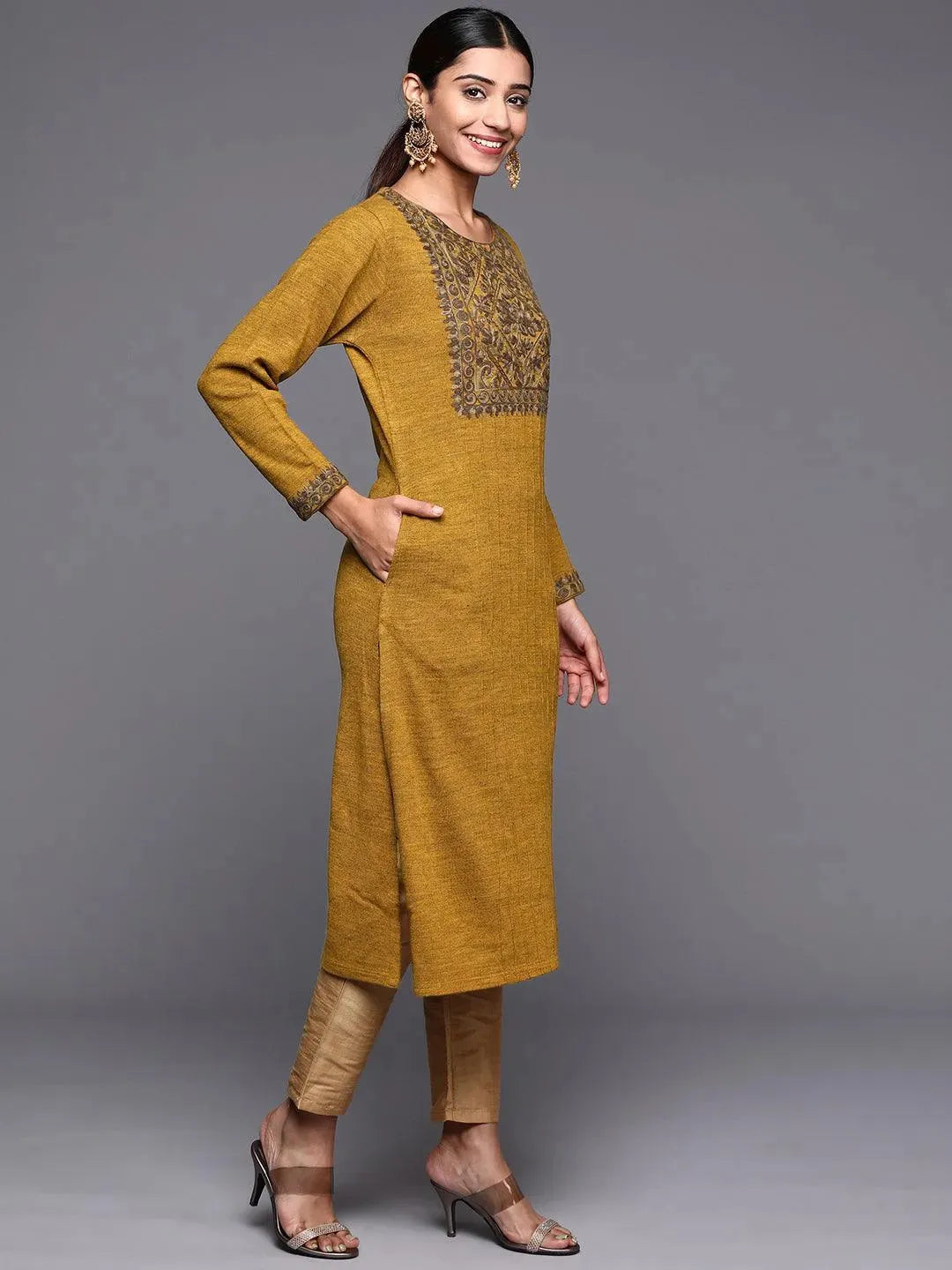 Mustard Yoke Design Wool Straight Kurta - Libas