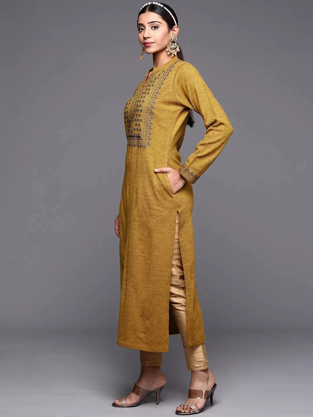 Mustard Yoke Design Wool Straight Kurta - Libas