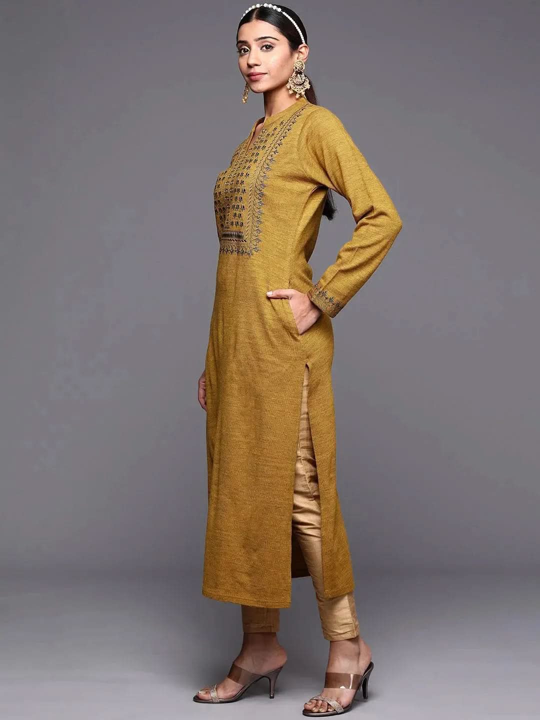 

Mustard Yoke Design Wool Straight Kurta