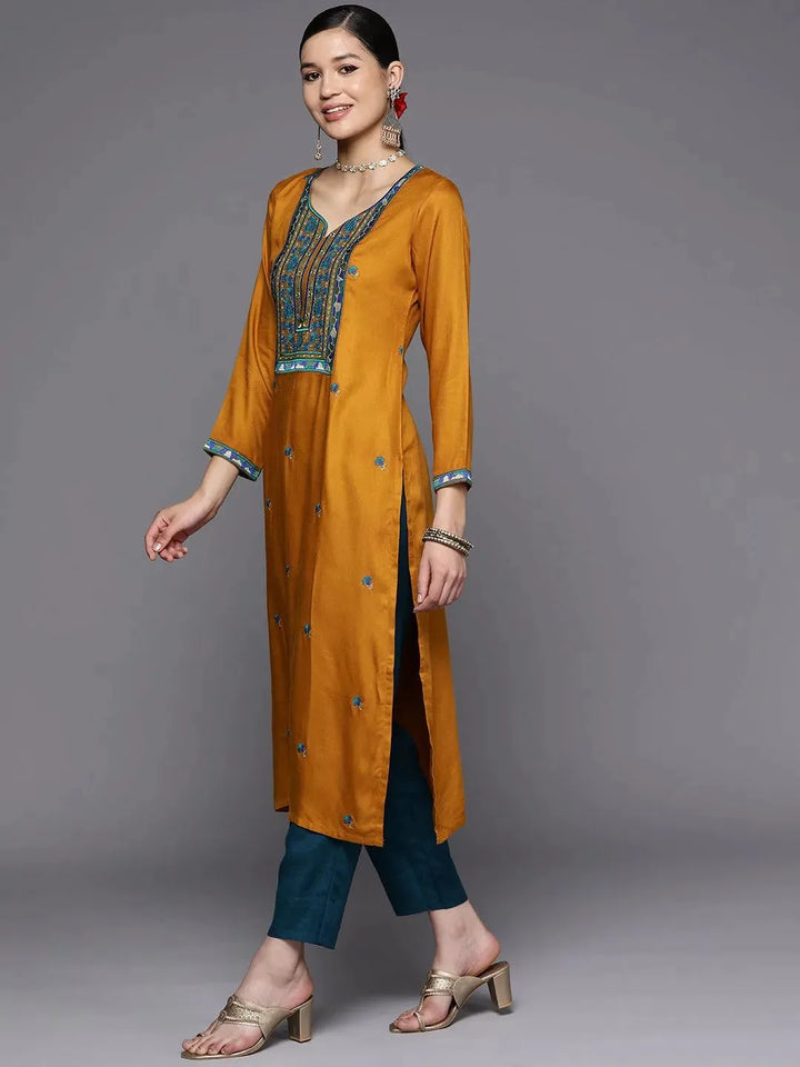 Mustard Yoke Design Wool Straight Kurta - Libas