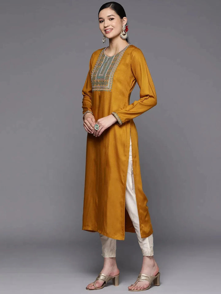 Mustard Yoke Design Wool Straight Kurta - Libas