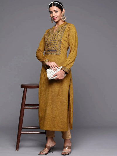 Mustard Yoke Design Wool Straight Kurta - Libas