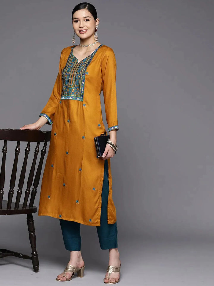 Mustard Yoke Design Wool Straight Kurta - Libas