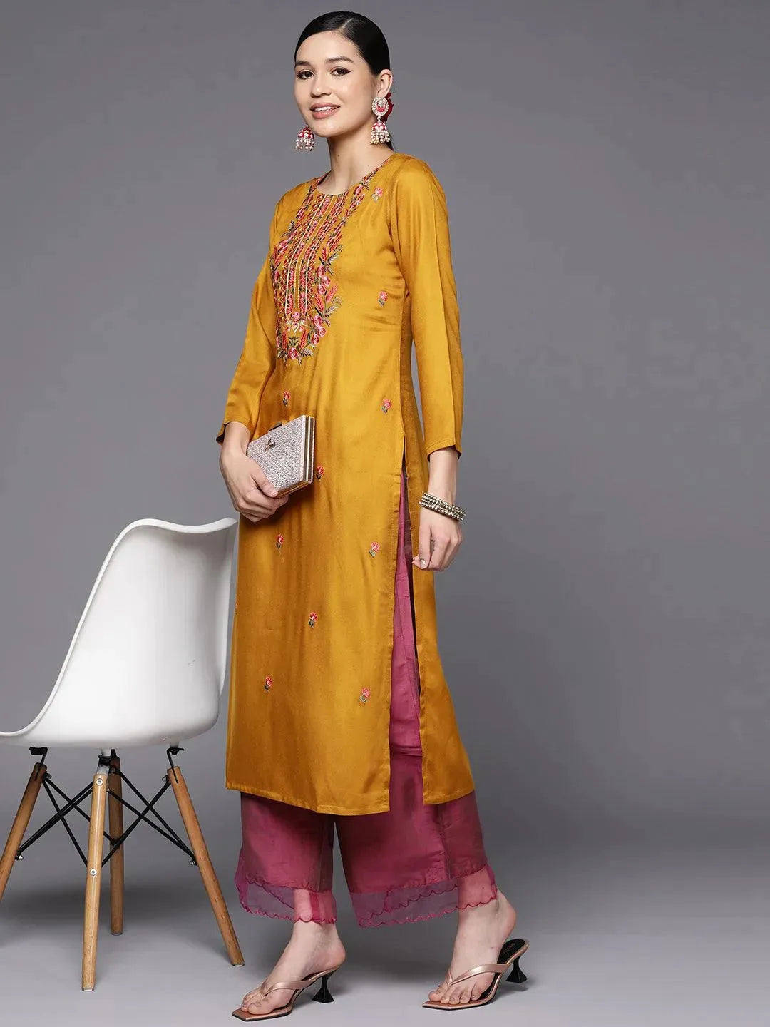 Mustard Yoke Design Wool Straight Kurta - Libas