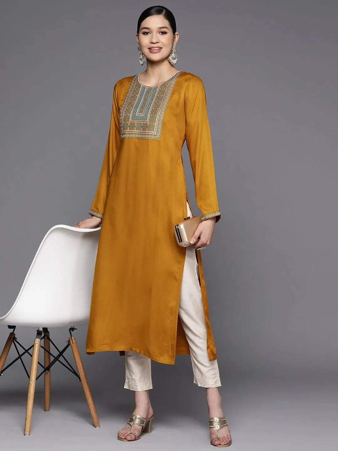 Mustard Yoke Design Wool Straight Kurta - Libas