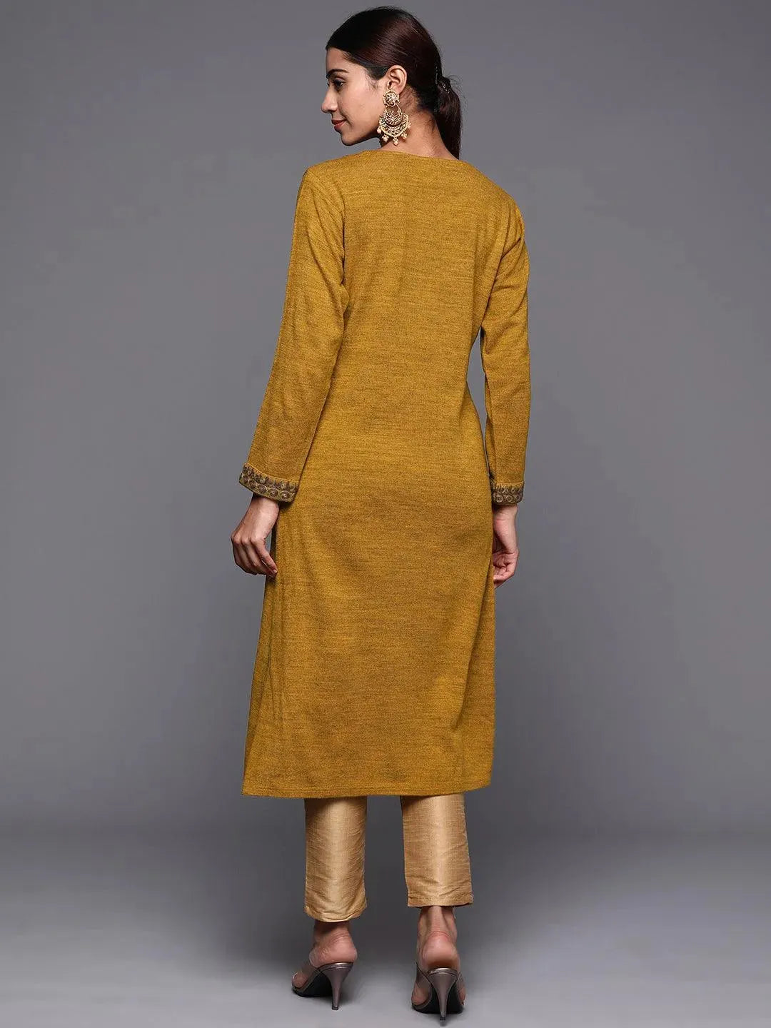 Mustard Yoke Design Wool Straight Kurta - Libas