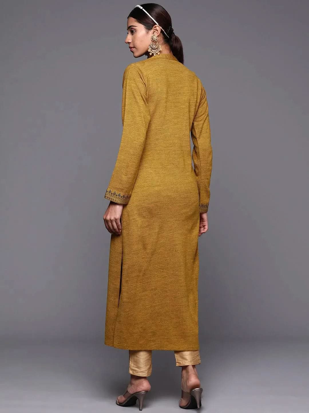 Mustard Yoke Design Wool Straight Kurta - Libas 