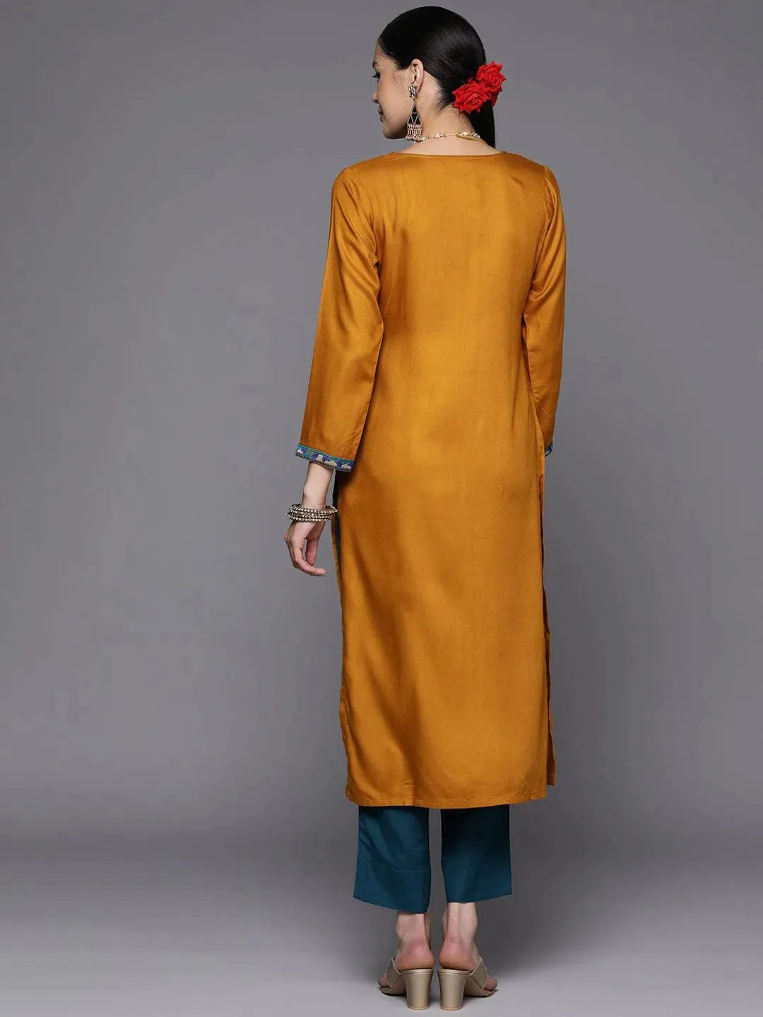 Mustard Yoke Design Wool Straight Kurta - Libas 