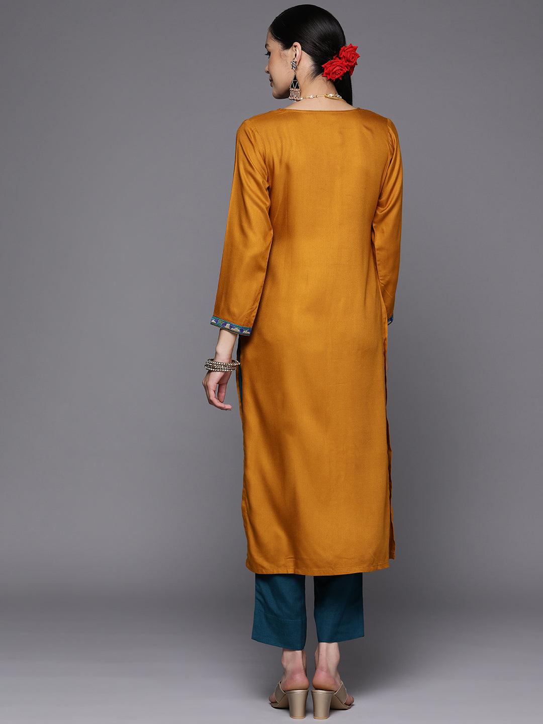 Mustard Yoke Design Wool Straight Kurta - Libas