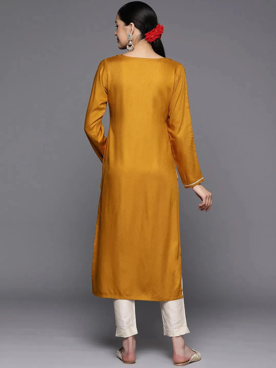 Mustard Yoke Design Wool Straight Kurta - Libas