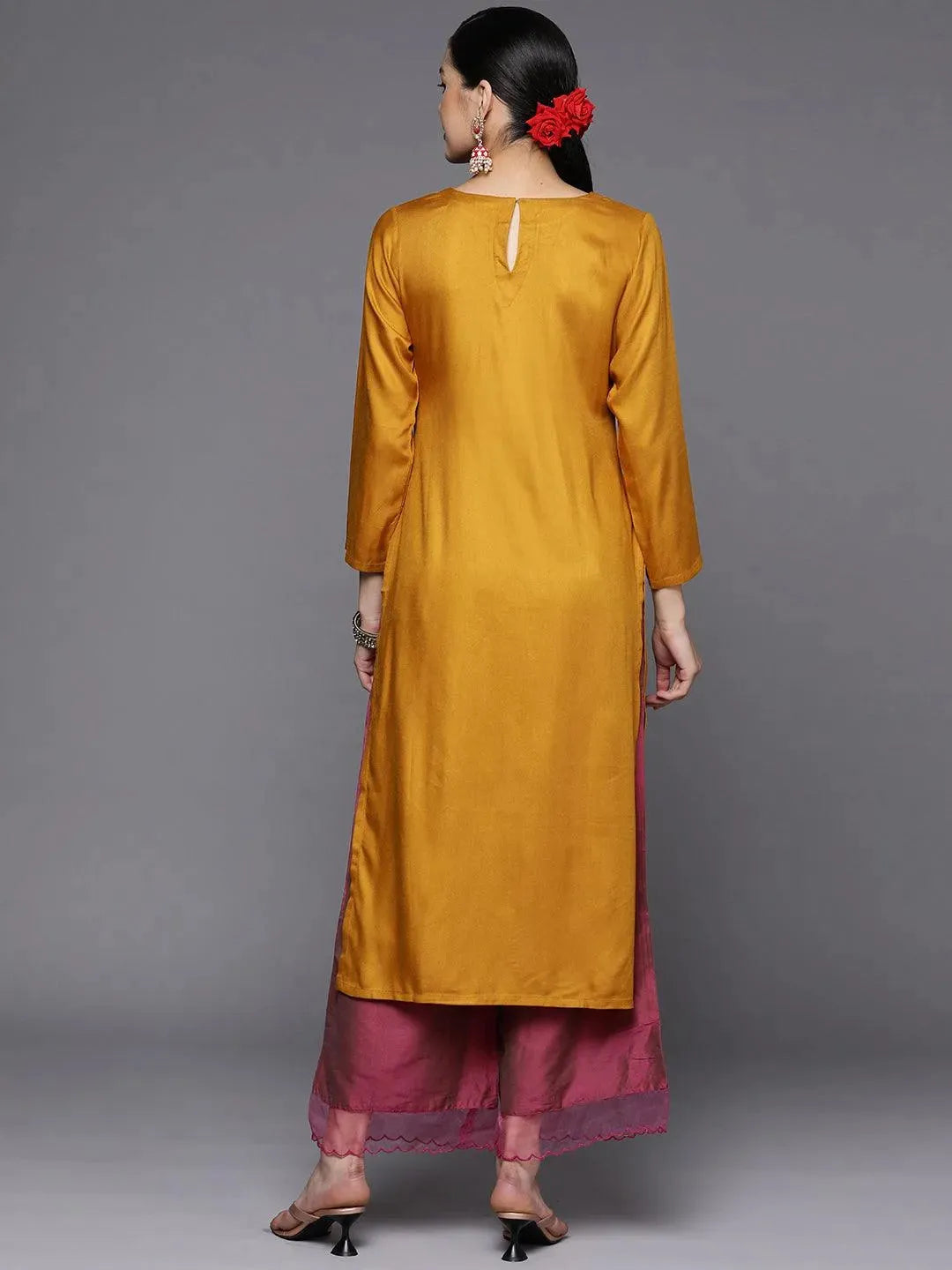 Mustard Yoke Design Wool Straight Kurta - Libas