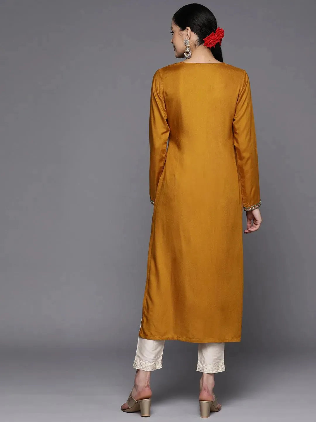 Mustard Yoke Design Wool Straight Kurta - Libas 