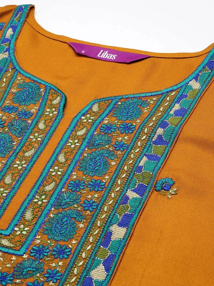 Mustard Yoke Design Wool Straight Kurta - Libas