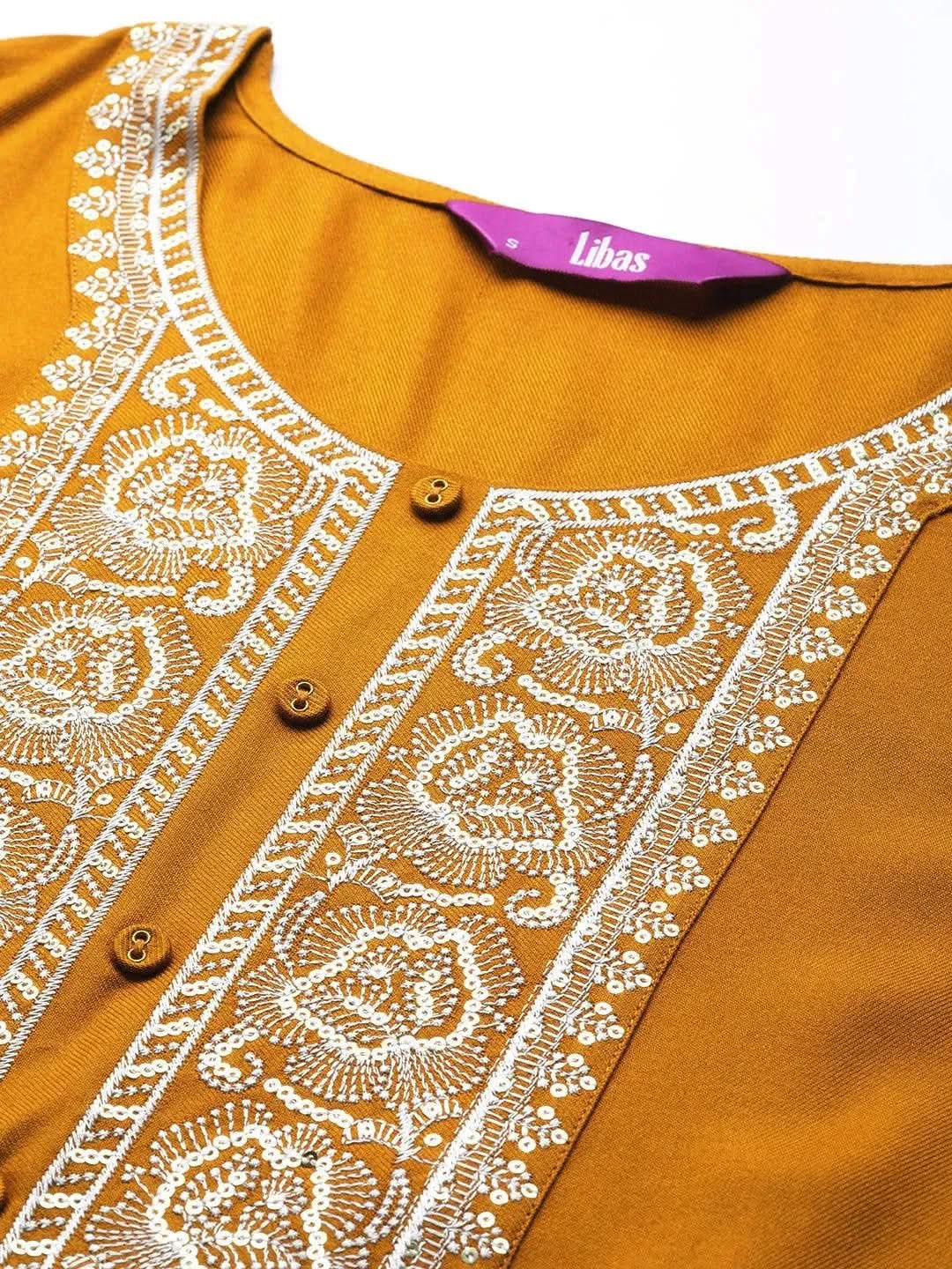 Mustard Yoke Design Wool Straight Kurta - Libas 