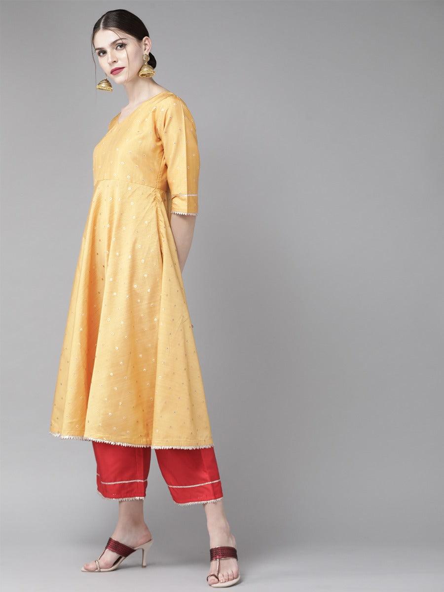 Mustard Zari Work Chanderi Suit Set - Libas