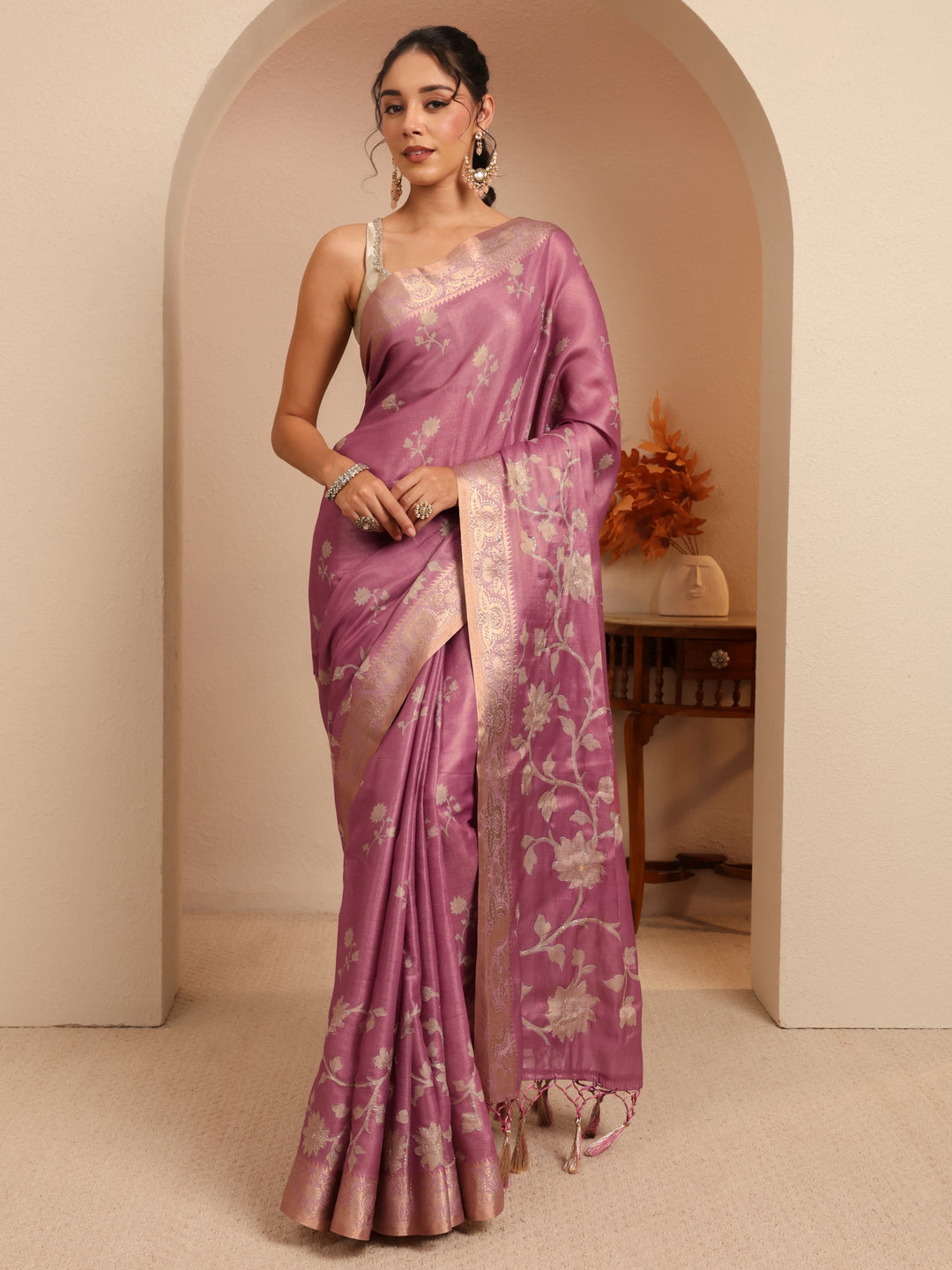  Muted Pink Floral Printed Silk Blend Saree 