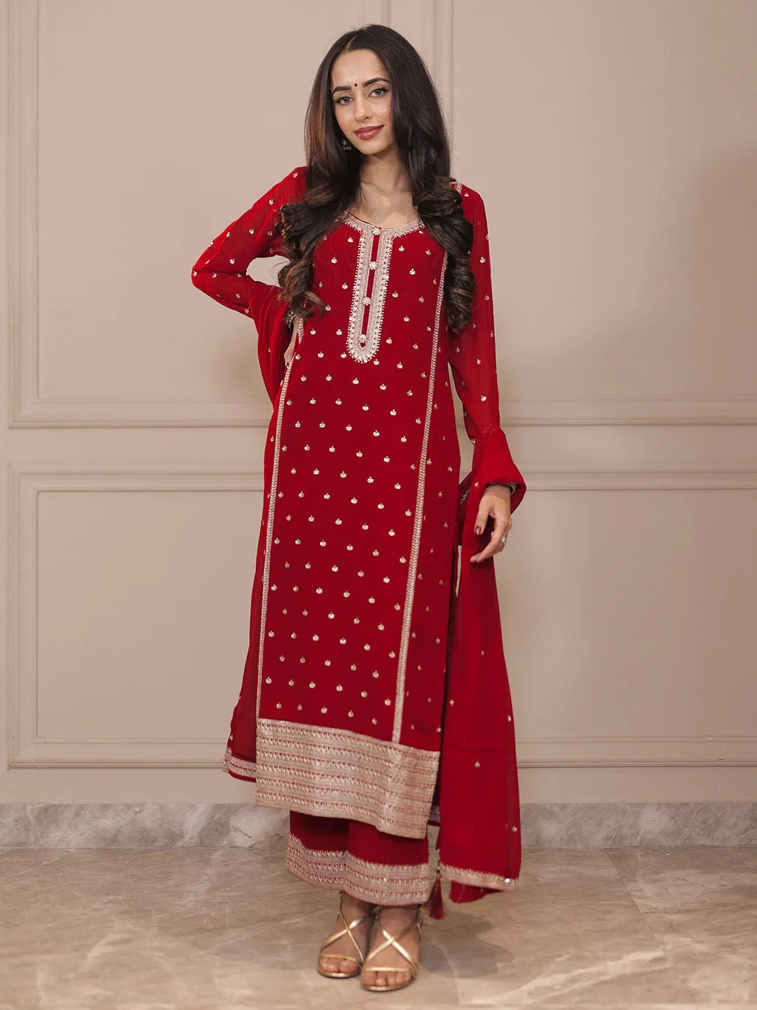  Red Embroidered Georgette Straight Suit With Dupatta 
