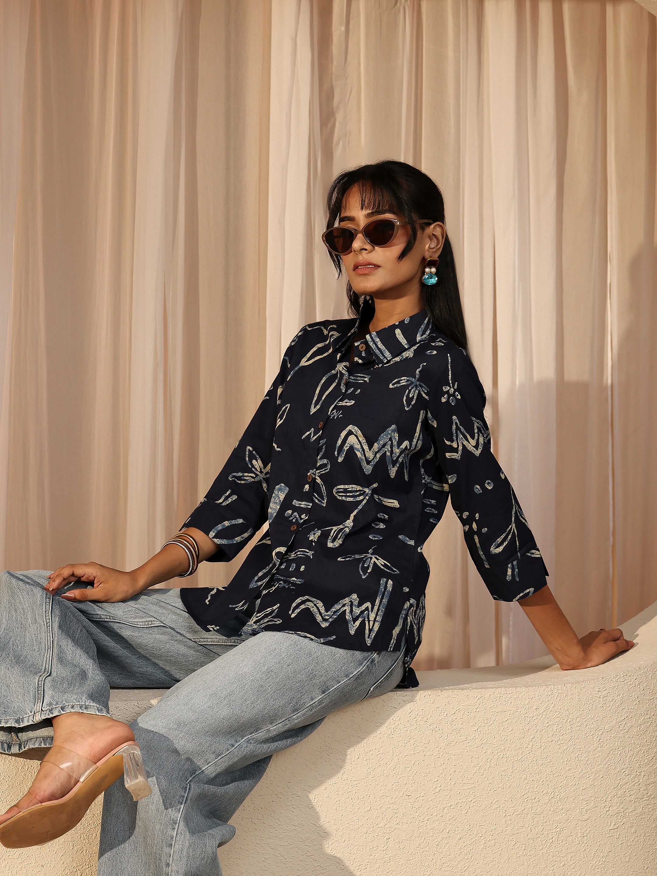 libas Navy Blue Abstract Printed Cotton Shirt-picture-11