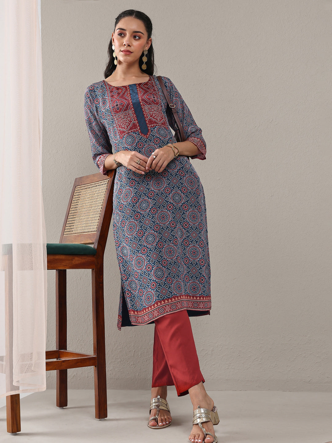 Navy Blue Ajrakh Printed Crepe Straight Kurta 