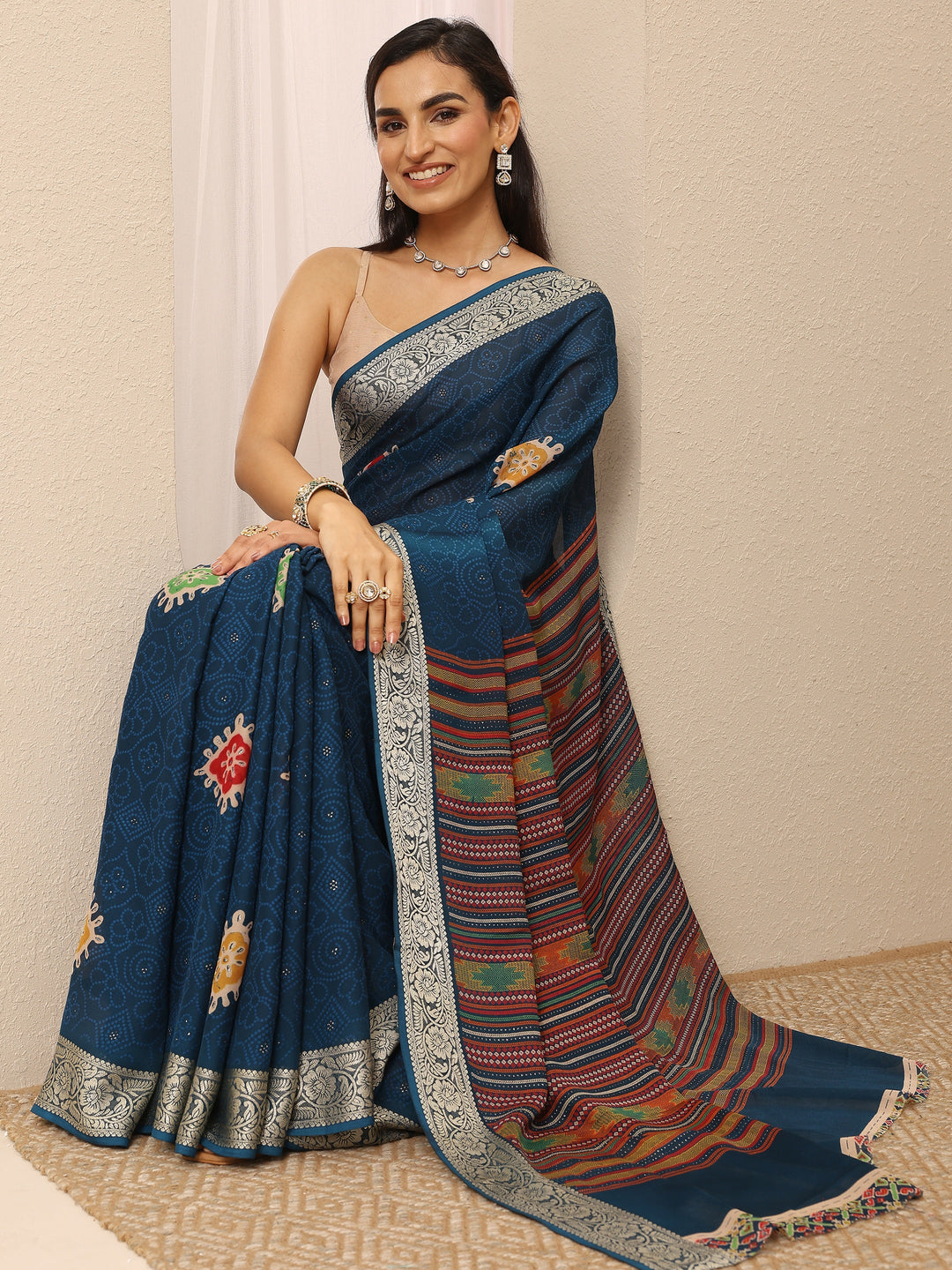  Navy Blue Bandhani Printed Georgette Saree With Unstitched Blouse Piece 
