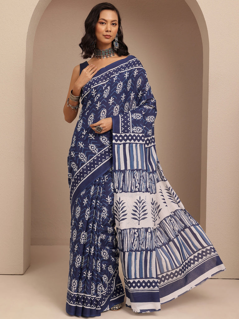 Libas Navy Blue Block Printed Cotton Saree With Unstitched Blouse Piece