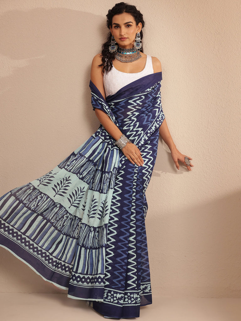 Libas Navy Blue Chevron Printed Cotton Saree With Unstitched Blouse Piece