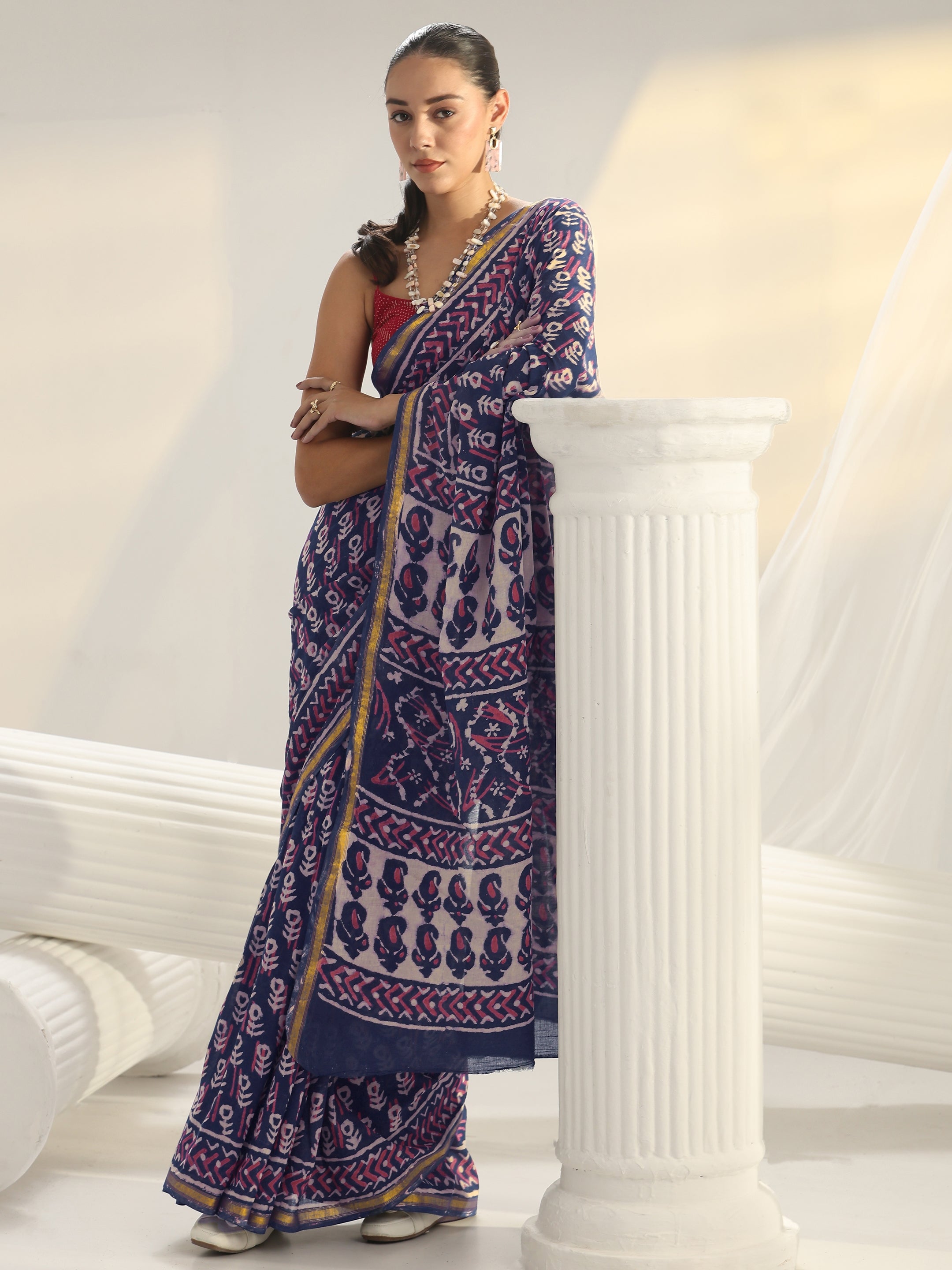 libas Navy Blue Dabu Print Cotton Saree-picture-66