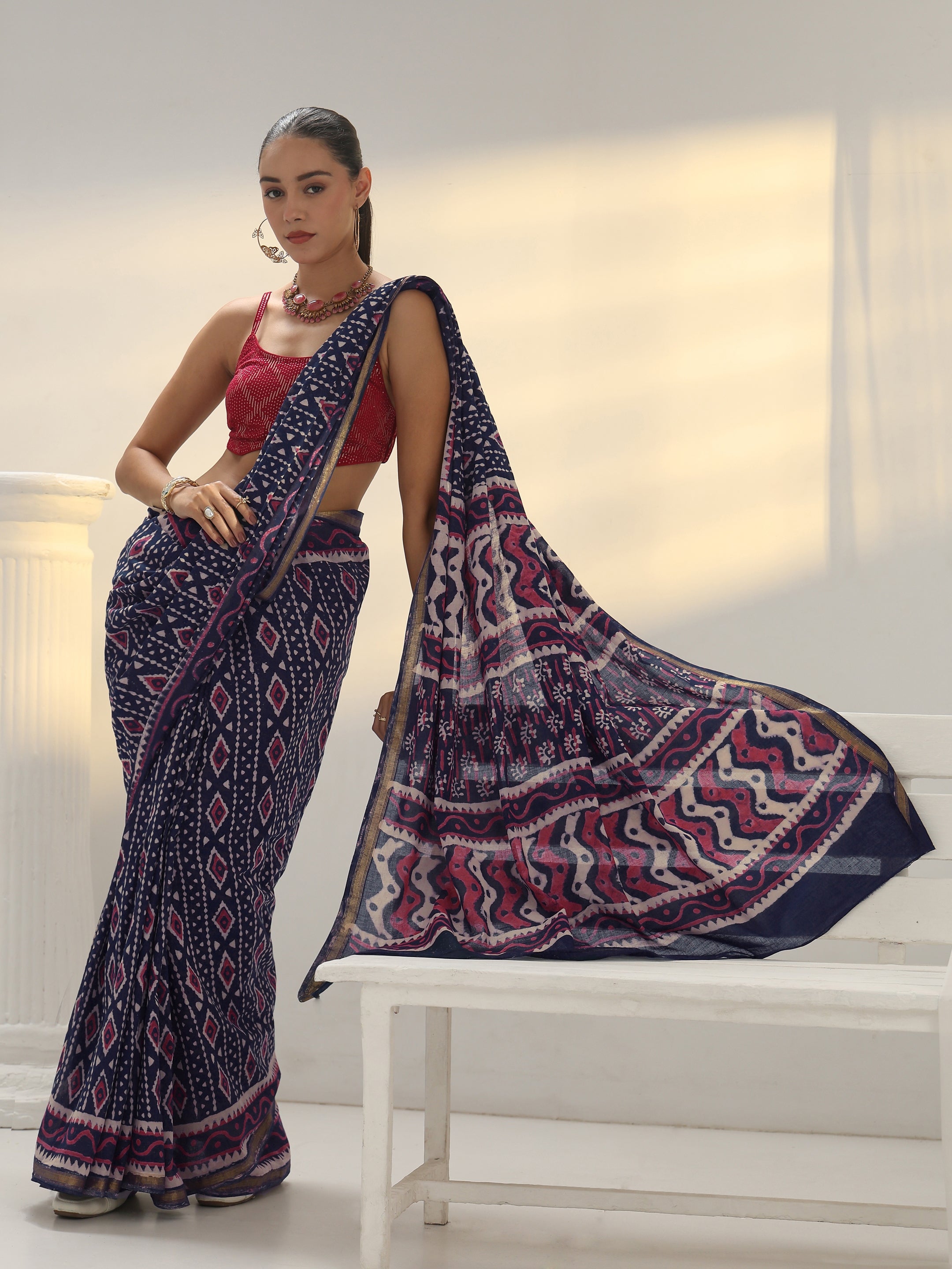 libas Navy Blue Dabu Print Cotton Saree-picture-64