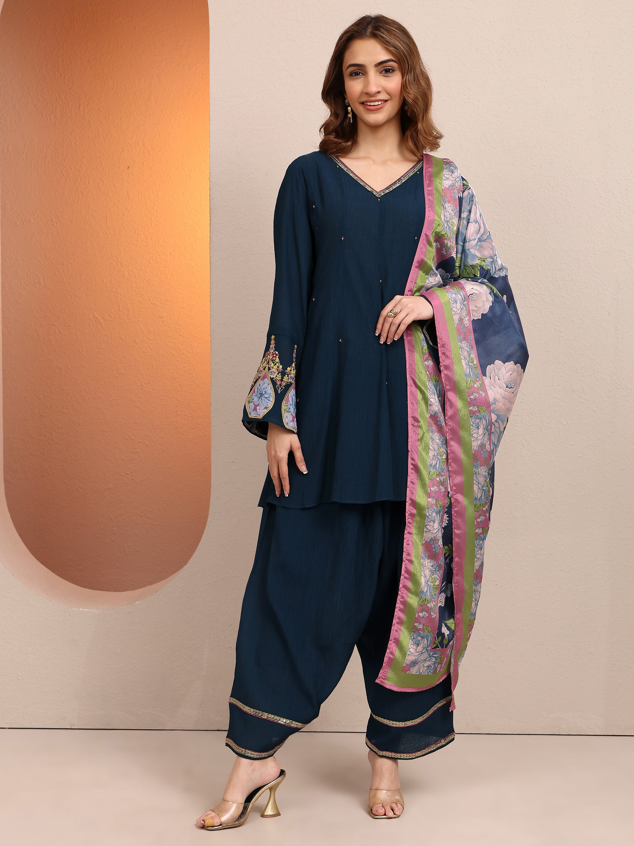 Navy Blue Embellished cotton blend A-line Suit Set With Dupatta-image-20