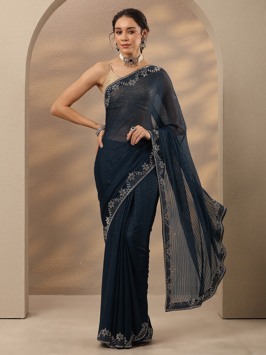  Navy Blue Embellished Georgette Saree With Unstitched Blouse Piece 