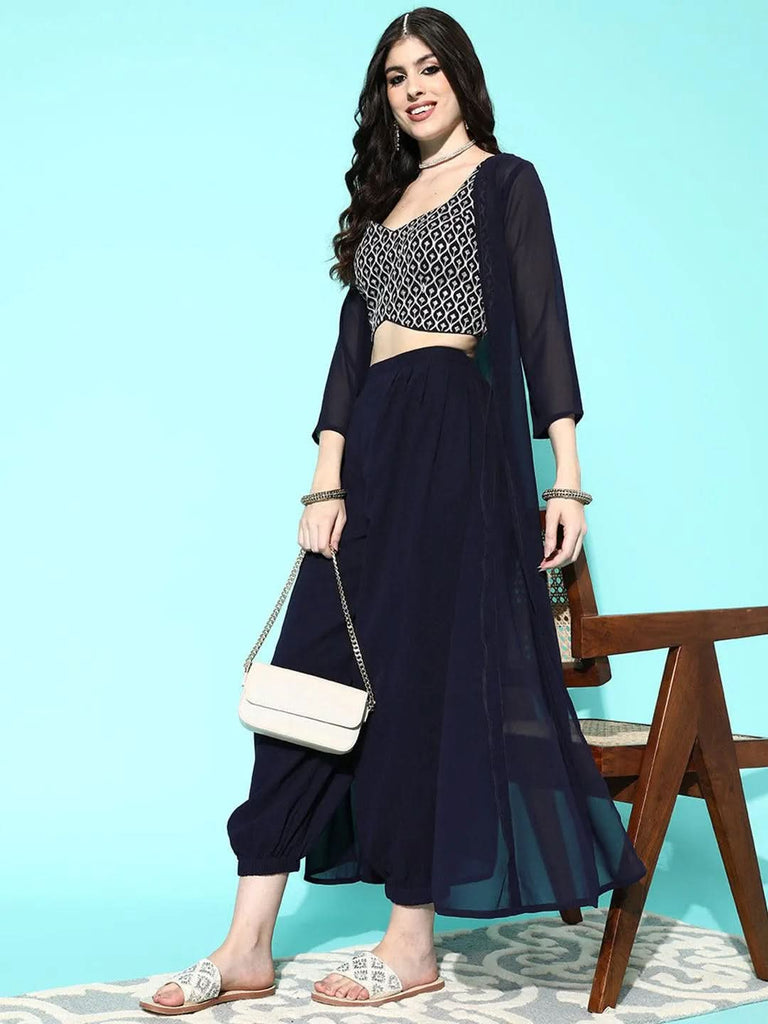 Libas Navy Blue Embellished Georgette 3 Piece Co-Ords