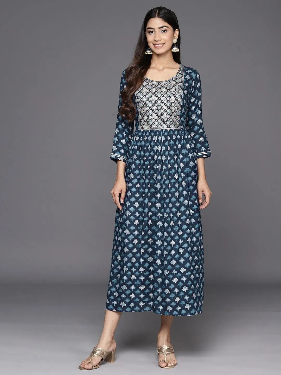 Navy Blue Embellished Rayon Fit and Flare Dress - Libas 