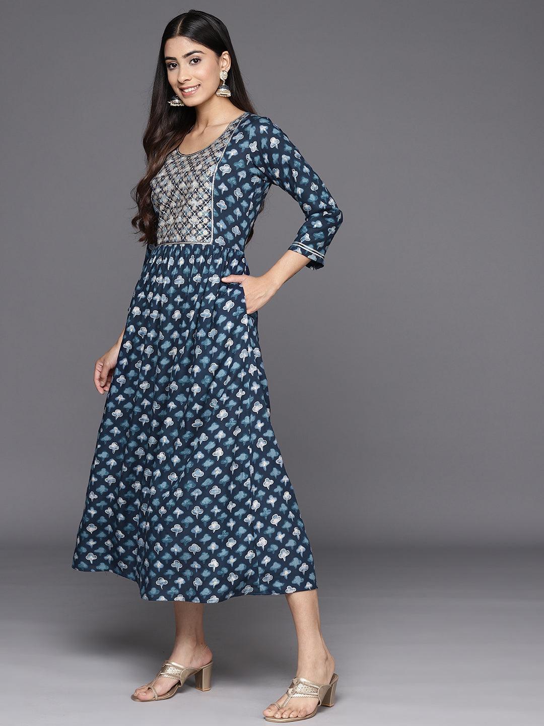 Navy Blue Embellished Rayon Fit and Flare Dress