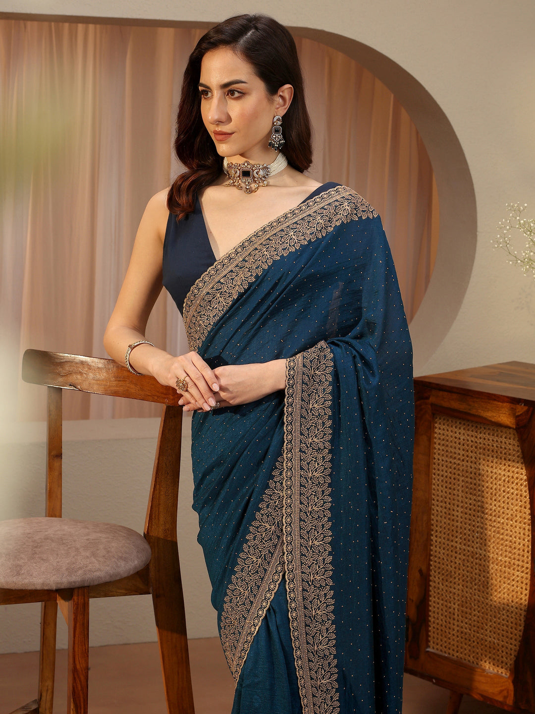  Navy Blue Embellished Silk Blend Saree 