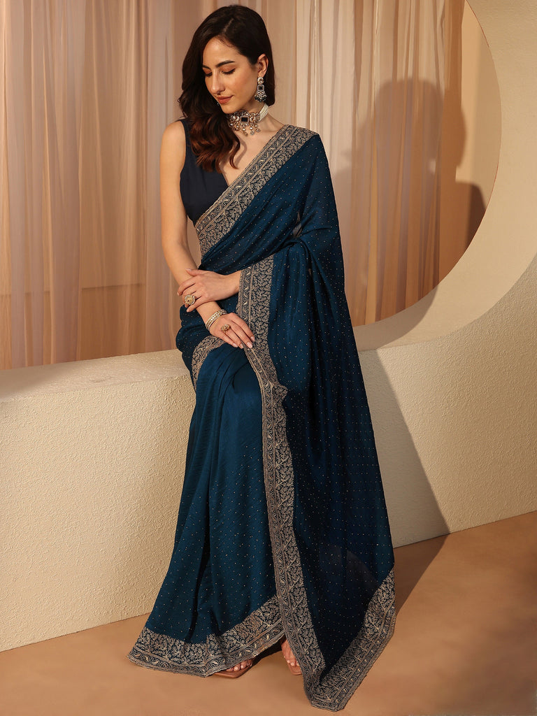 Libas Navy Blue Embellished Silk Blend Saree