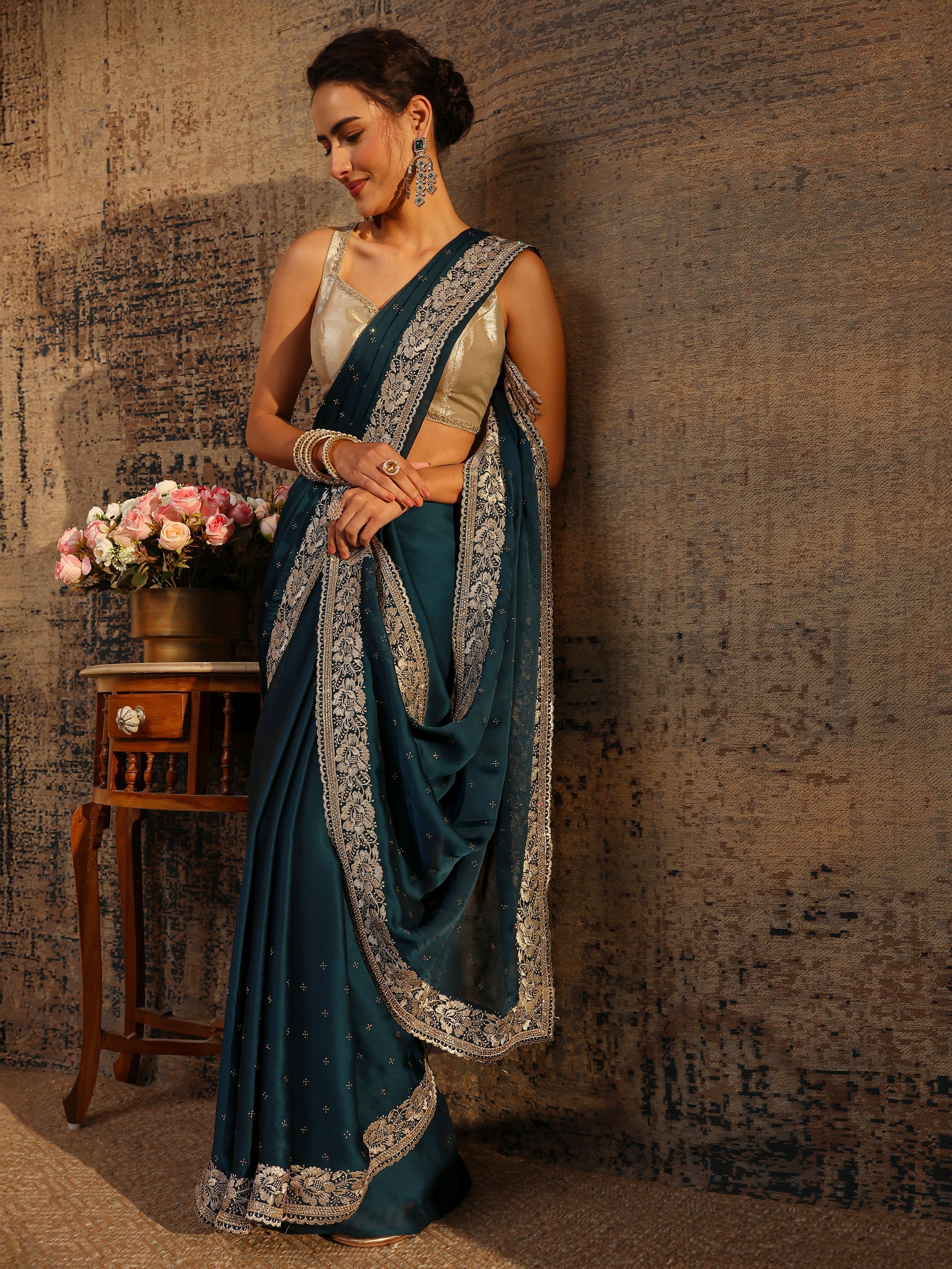 libas Navy Blue Embellished Silk Blend Saree With Unstitched Blouse Piece-picture-38