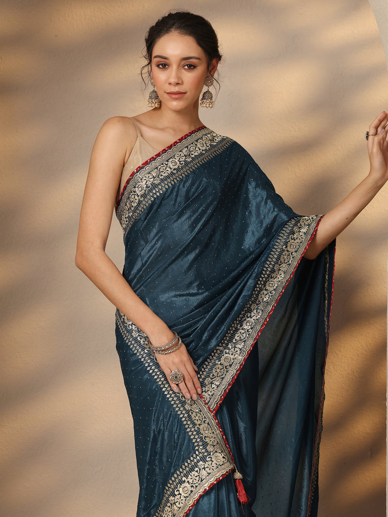 Libas Navy Blue Embellished Silk Blend Saree With Unstitched Blouse Piece