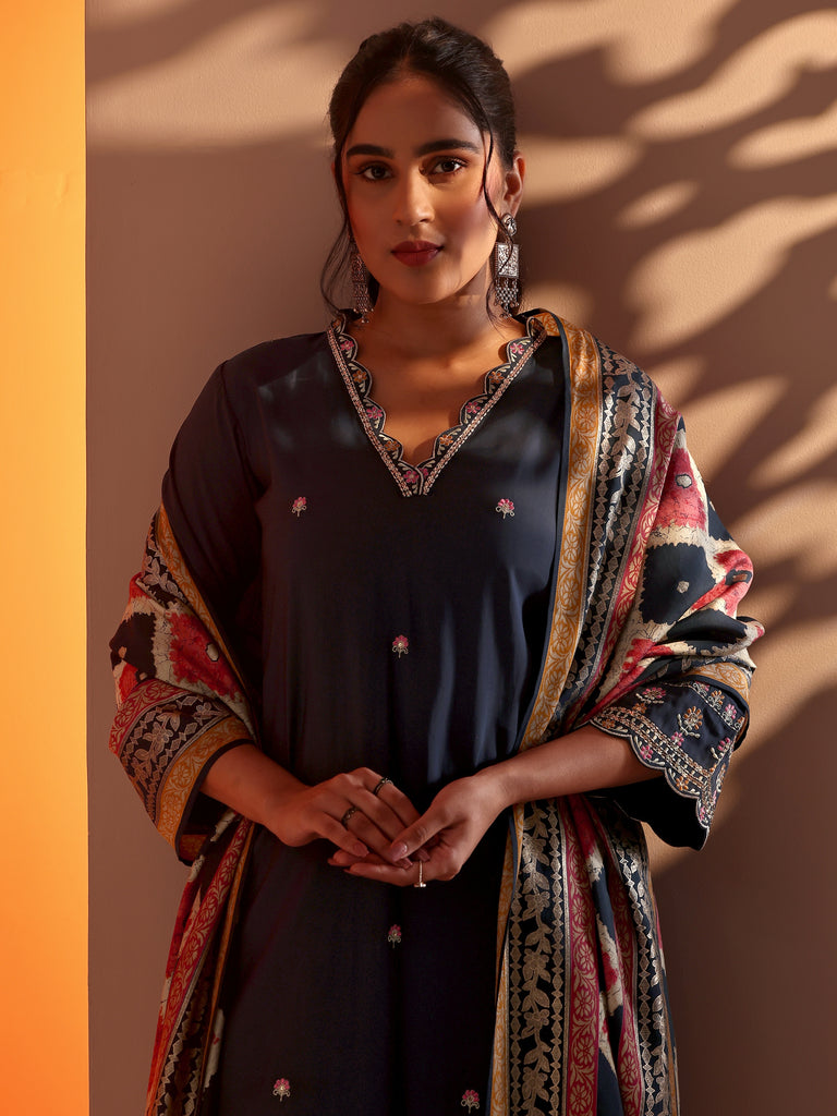Libas Navy Blue Embellished Silk Blend Straight Suit Set With Dupatta