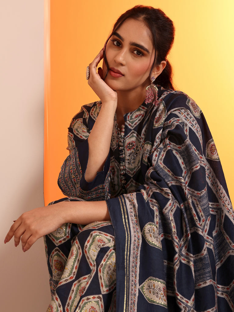 Libas Navy Blue Embellished Silk Blend Straight Suit Set With Dupatta