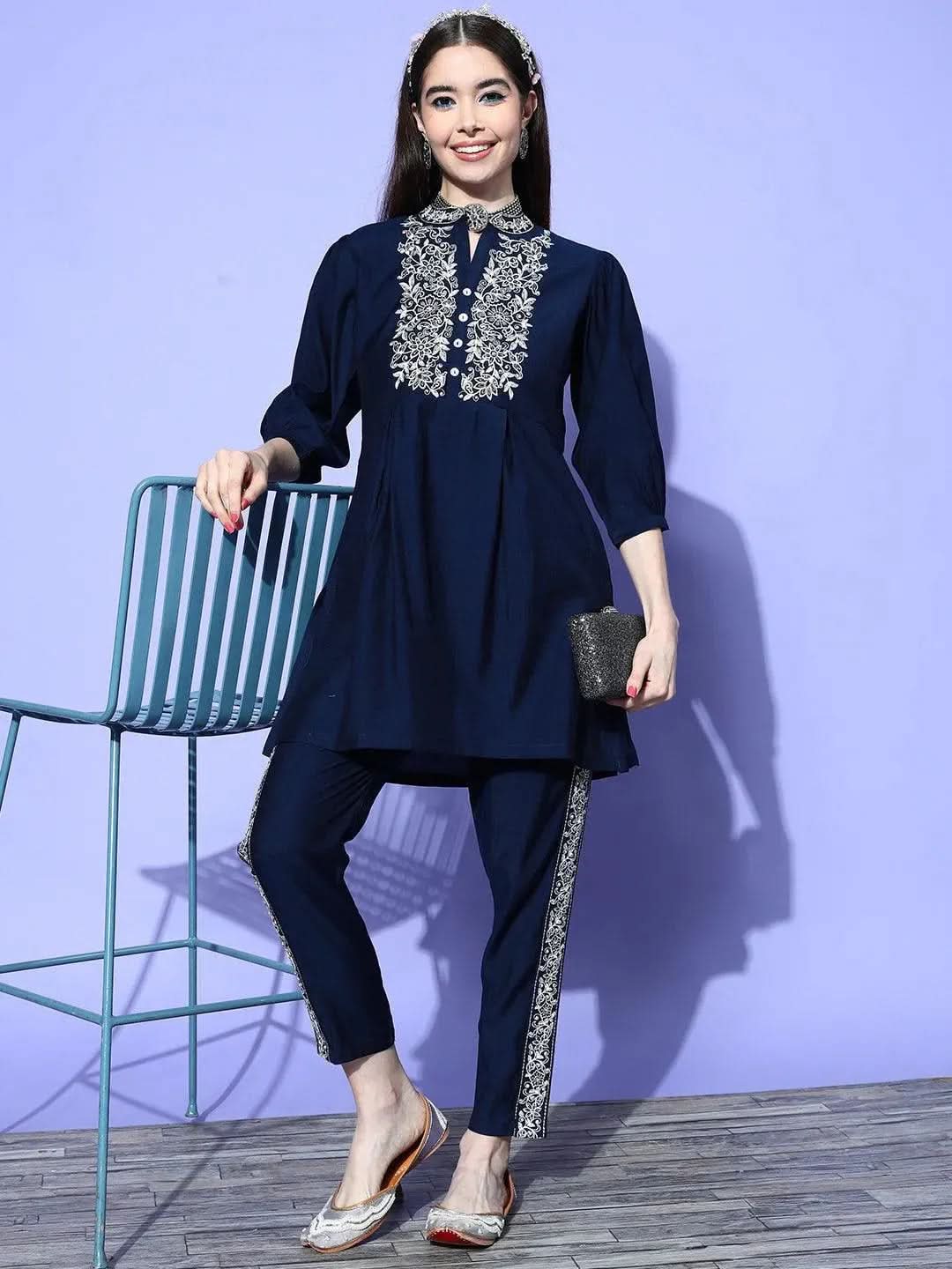 Navy Blue Embellished Silk Blend Tunic With Trousers - Libas 