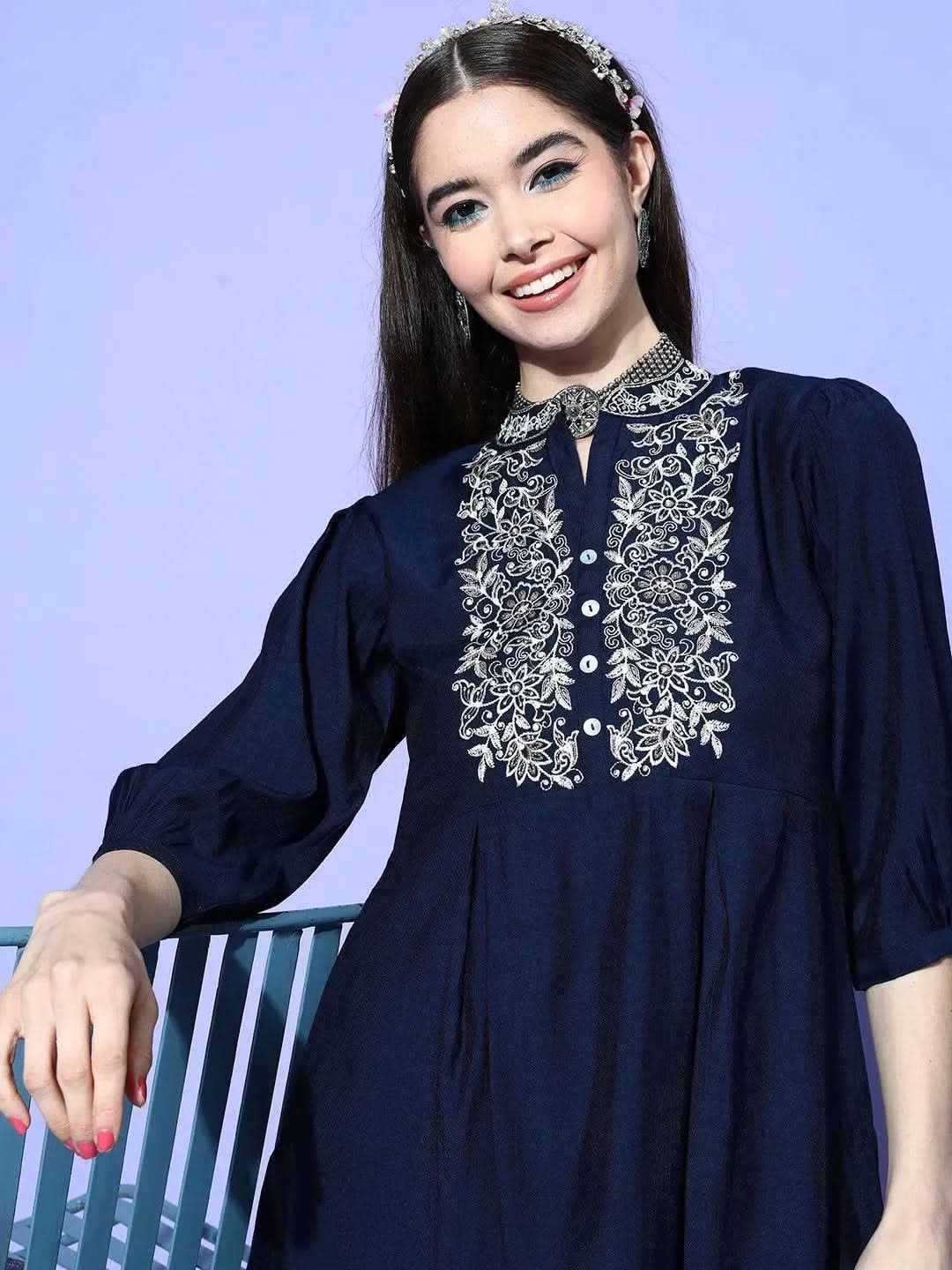 Navy Blue Embellished Silk Blend Tunic With Trousers - Libas 